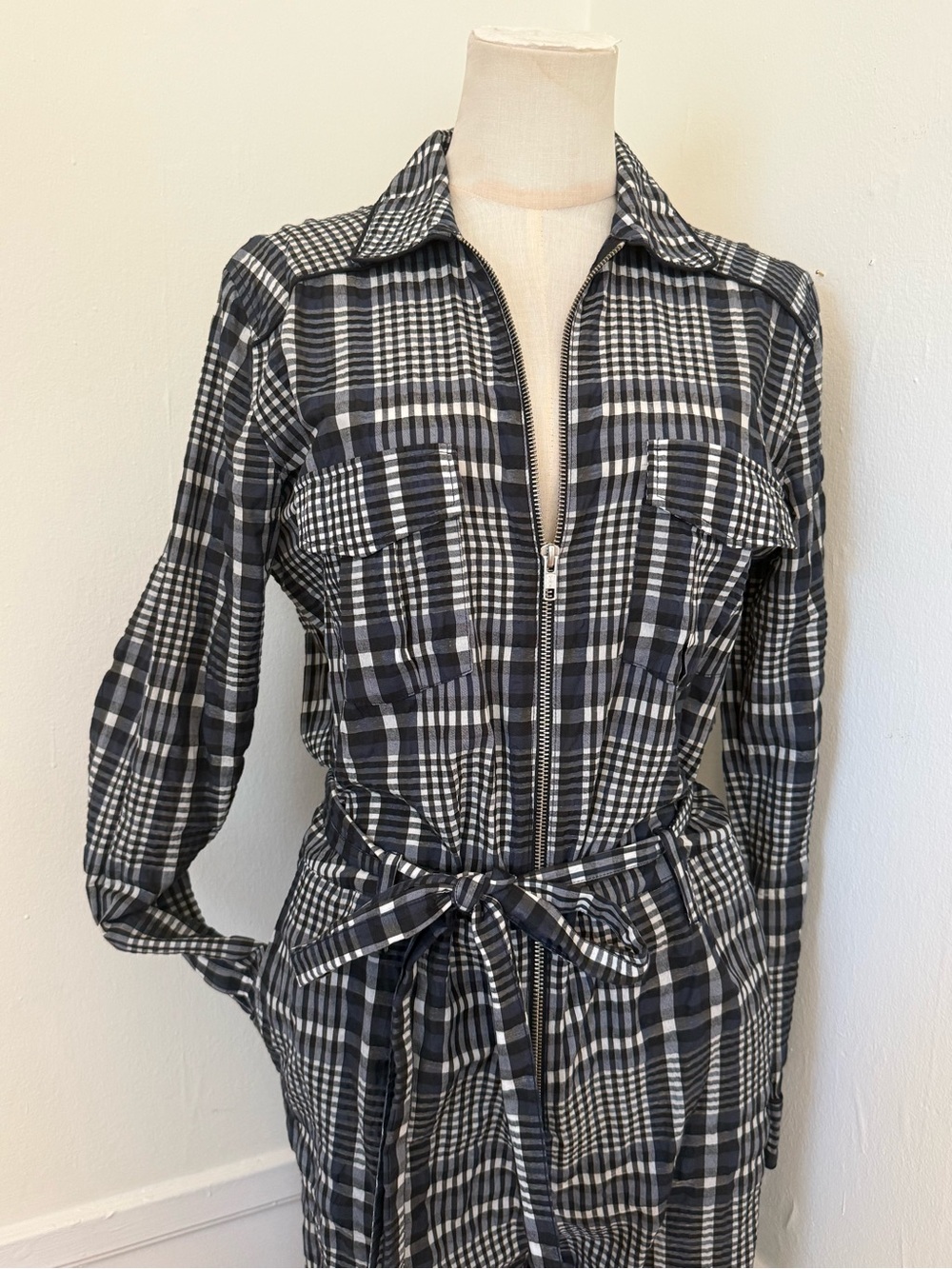 GANNI Charron Plaid Check Belted Utility Jumpsuit Blue Black Fits Small